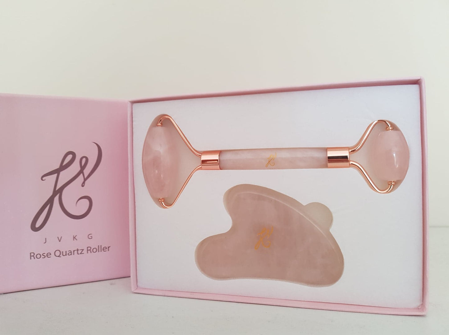 Best Natural Crystal Rose Quartz Jade Roller and Gua Sha set (Pink) - Face Roller